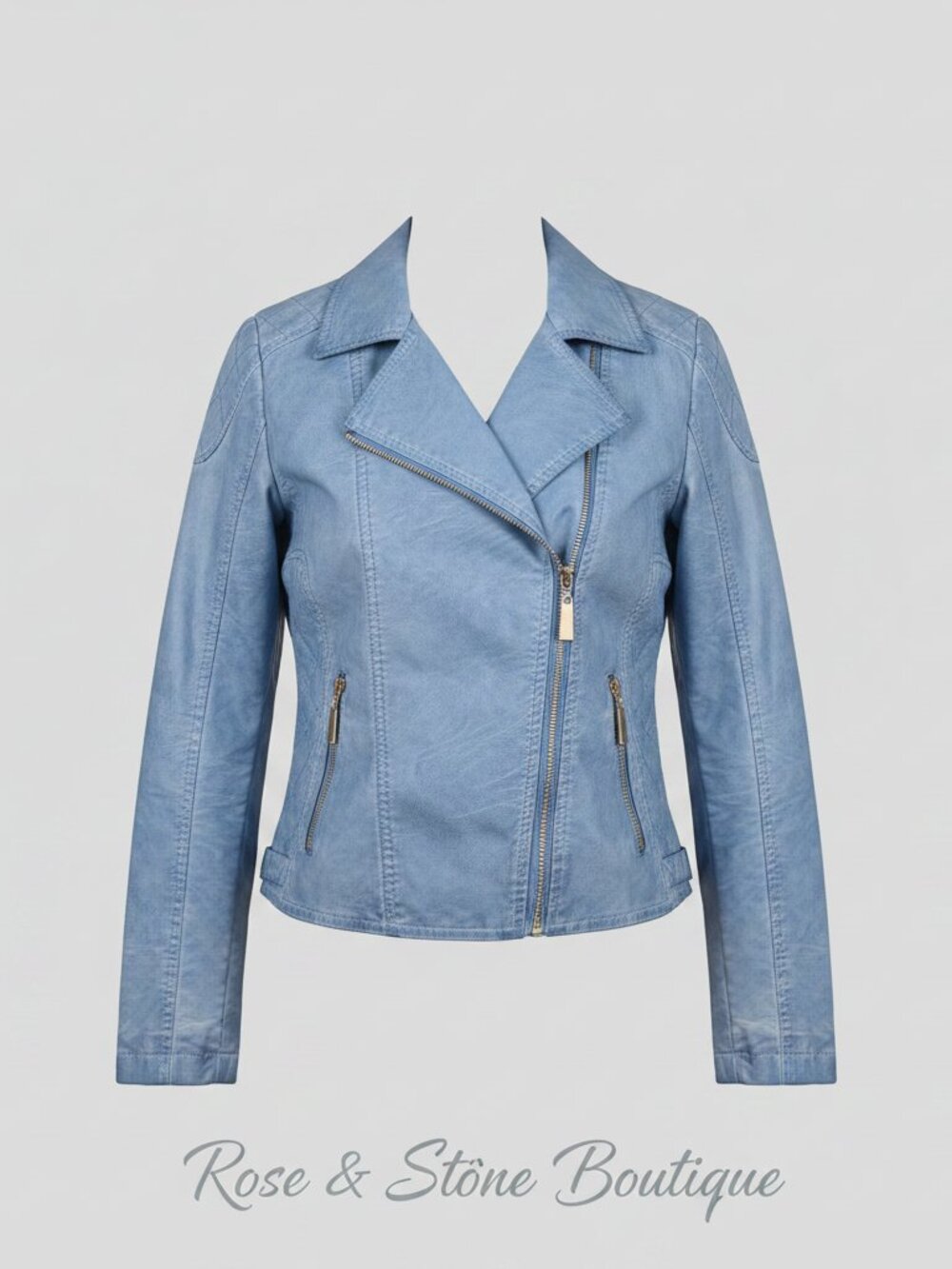 Sky Blue Quilted Faux Leather Moto Jacket | Roosevelt American College | Size S